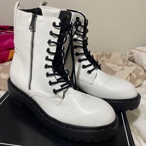 White Studded Combat Boots with Black Laces